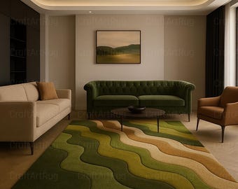 Green Wavy Abstract Area Rug, Modern Layered Carpet