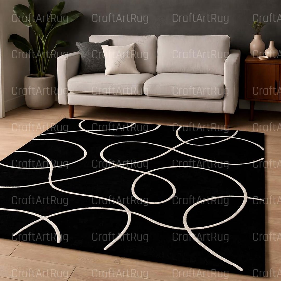 Hand-tufted Wool Rug, Black Abstract Line Art, Modern Minimalist Decor ...