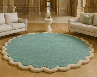 Mint Green Round Rug, Cream Scalloped Edge, Modern Carpet