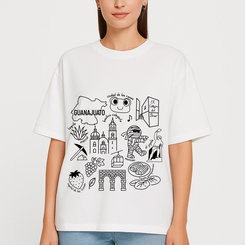 Guanajuato Mexico cultural icons clipart design featuring famous mummies, Callejón del Beso, cathedral, and cable car. Ideal SVG, PNG sublimation file for digital download, Mexican heritage art, crafts, and travel projects