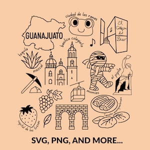 Guanajuato Mexico cultural icons clipart design featuring famous mummies, Callejón del Beso, cathedral, and cable car. Ideal SVG, PNG sublimation file for digital download, Mexican heritage art, crafts, and travel projects