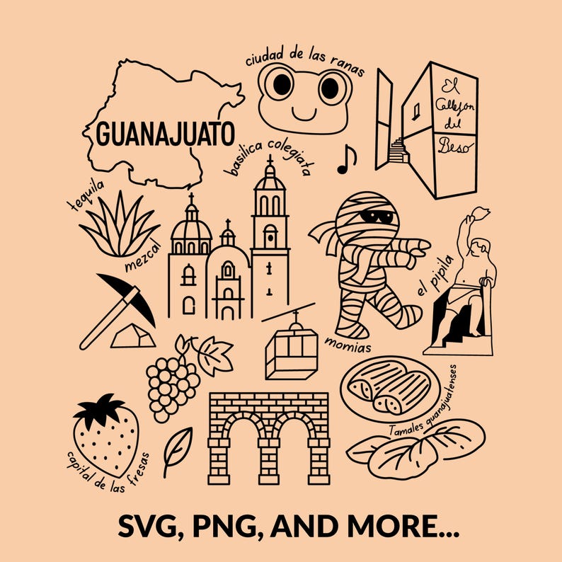 Guanajuato Mexico cultural icons clipart design featuring famous mummies, Callejón del Beso, cathedral, and cable car. Ideal SVG, PNG sublimation file for digital download, Mexican heritage art, crafts, and travel projects