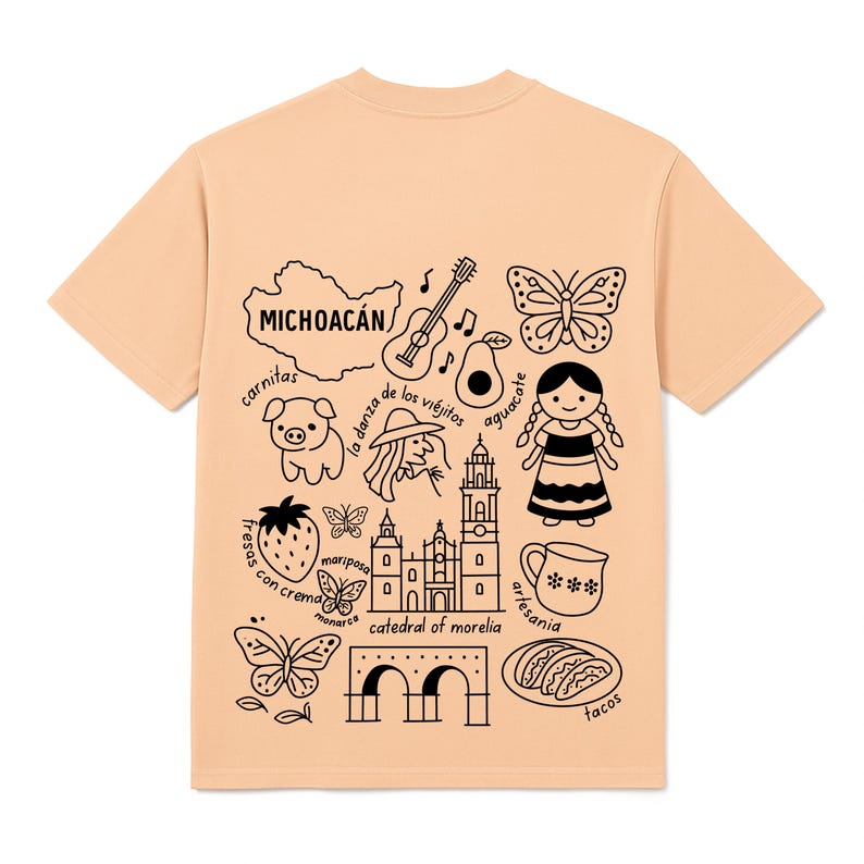 Michoacán Mexico cultural icons clipart design featuring Acueducto, La Danza de los Viejitos, avocados, cathedral, and traditional artesanía. Ideal SVG, PNG sublimation file for digital download, Mexican heritage crafts and art projects