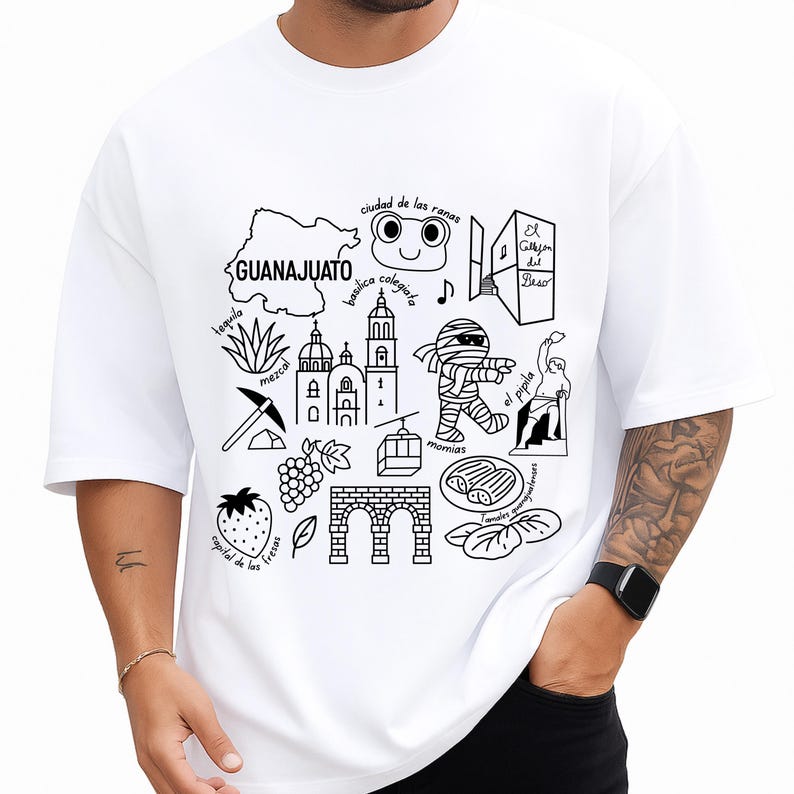 Guanajuato Mexico cultural icons clipart design featuring famous mummies, Callejón del Beso, cathedral, and cable car. Ideal SVG, PNG sublimation file for digital download, Mexican heritage art, crafts, and travel projects