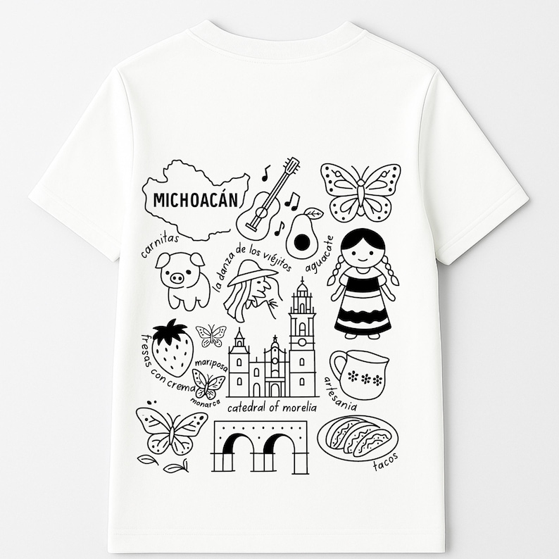 Michoacán Mexico cultural icons clipart design featuring Acueducto, La Danza de los Viejitos, avocados, cathedral, and traditional artesanía. Ideal SVG, PNG sublimation file for digital download, Mexican heritage crafts and art projects