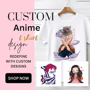 May include: White t-shirt with a graphic of an anime character with a boar head and the text "嘴平伊之助". The image also includes the text "CUSTOM Anime t shirt design REDEFINE WITH CUSTOM DESIGNS SHOP NOW".