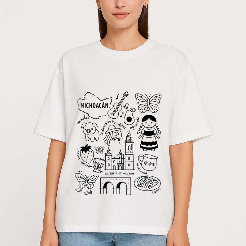 Michoacán Mexico cultural icons clipart design featuring Acueducto, La Danza de los Viejitos, avocados, cathedral, and traditional artesanía. Ideal SVG, PNG sublimation file for digital download, Mexican heritage crafts and art projects