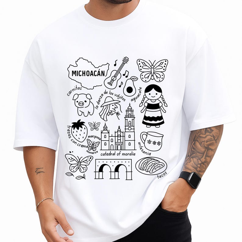 Michoacán Mexico cultural icons clipart design featuring Acueducto, La Danza de los Viejitos, avocados, cathedral, and traditional artesanía. Ideal SVG, PNG sublimation file for digital download, Mexican heritage crafts and art projects