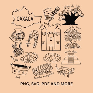 May include: Black and white line art illustration featuring Oaxaca, Mexico. Depicted are local landmarks, food, and cultural elements, including a map, church, alebrijes, and traditional dishes. The text "PNG, SVG, PDF AND MORE" is at the bottom.