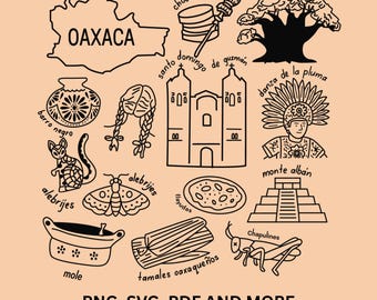 Oaxaca Mexiko SVG PNG, Kulturelle Symbole Clipart dDsign, Alebrijes, Monte Albán, Barro Negro Keramik, Tlayudas, Mexiko-Hemden Design, trendy