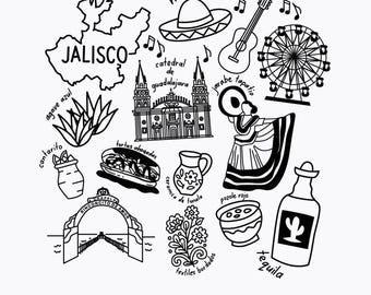 Jalisco Mexiko SVG PNG, Kulturelle Symbole Clipart, Agave Azul, Kathedrale von Guadalajara, Jarabe Tapatío, Tortas Ahogadas Sublimationsdatei Kunst
