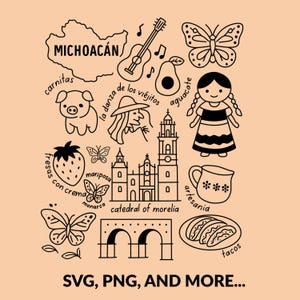 “Michoacán Mexico cultural icons clipart design featuring Acueducto, La Danza de los Viejitos, avocados, cathedral, and traditional artesanía. Ideal SVG, PNG sublimation file for digital download, Mexican heritage crafts and art projects