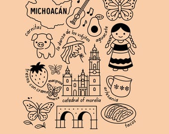 ミチョアカン州メキシコ SVG PNG、文化アイコンのクリップアート |アクエドゥクト、ラ ダンサ デ ロス ビエジトス、アグアカテ、カテドラル、アルテサニア昇華ファイル