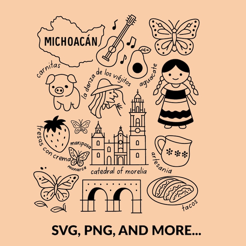 “Michoacán Mexico cultural icons clipart design featuring Acueducto, La Danza de los Viejitos, avocados, cathedral, and traditional artesanía. Ideal SVG, PNG sublimation file for digital download, Mexican heritage crafts and art projects