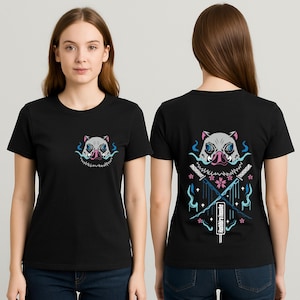 Anime SVG featuring a Demon Slayer boar mask with crossed swords and sakura flowers, perfect for t-shirts, stickers, and fan art; includes front and back designs as SVG, PNG, JPG, and PDF files for Cricut, Silhouette, and more great for anime fans, cosplay lovers, and handmade gift makers.