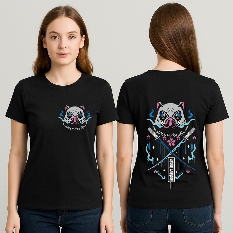 Anime SVG featuring a Demon Slayer boar mask with crossed swords and sakura flowers, perfect for t-shirts, stickers, and fan art; includes front and back designs as SVG, PNG, JPG, and PDF files for Cricut, Silhouette, and more great for anime fans, cosplay lovers, and handmade gift makers.