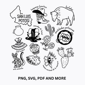 May include: Black and white line art illustration featuring symbols of San Luis Potosí, Mexico. Includes a map outline, cowboy boots, a buffalo, traditional food, and cultural icons. Text at the bottom reads "PNG, SVG, PDF AND MORE."