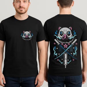 Anime SVG featuring a Demon Slayer boar mask with crossed swords and sakura flowers, perfect for t-shirts, stickers, and fan art; includes front and back designs as SVG, PNG, JPG, and PDF files for Cricut, Silhouette, and more great for anime fans, cosplay lovers, and handmade gift makers.
