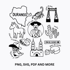 May include: Black and white line art illustration featuring Durango, Mexico icons. Includes a map, scorpion, bridge, horse, cactus, a man in a sombrero, food, church, and text. The text at the bottom says "PNG, SVG, PDF AND MORE."
