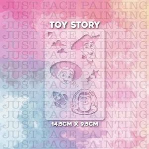 May include: A clear plastic stencil featuring characters from the film "Toy Story". The stencil includes images of Woody, Jessie, Buzz Lightyear, and other elements. The stencil measures 14.5cm x 9.5cm.