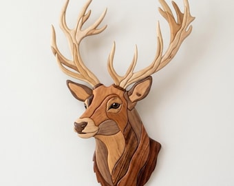 Hirschkopf Intarsien Muster PDF, Hirschgeweih Dekupiersäge Vorlage, Woodland Wildtier Holzbearbeitungsdesign, A4 Größe Tier DIY Wandkunst