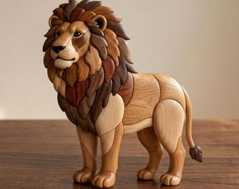 Löwen Intarsien Muster PDF, Ganzkörper stehender Löwe Dekupiersäge Vorlage, Wildtier Holzbearbeitungsdesign, A4 Größe Tier DIY Wandkunst PNG