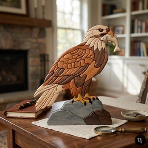 Eagle with Fish Intarsia Pattern PDF, Osprey Sea Eagle Scroll Saw Template, Majestic River Wildlife Woodworking Design, DIY Wall Art PNG