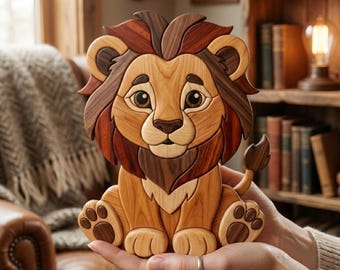 Baby Löwe Intarsien Muster PDF, Sitzendes Löwenjunges Dekupiersäge Vorlage, Kinderzimmer Safari Wildtiere Holzbearbeitung Design, Tier DIY Wandkunst PNG