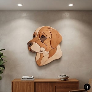 May include: A wall-mounted wooden dog head sculpture crafted from multiple interlocking pieces of light, medium, and dark-toned wood. The artwork features a side profile of a canine with smooth, curved edges and distinct wood grain patterns.