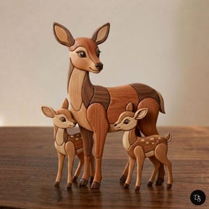 May include: A wooden sculpture of a deer family, featuring a mother deer and two fawns. The deer are crafted from various shades of wood, with detailed features and spotted patterns on the fawns. The sculpture is set on a wooden surface.