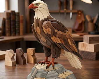 Adler Intarsien Muster PDF, Weißkopfseeadler Dekupiersäge Vorlage, Majestätischer Raubvogel Holzbearbeitungs-Design, A4 Größe patriotische DIY Wandkunst