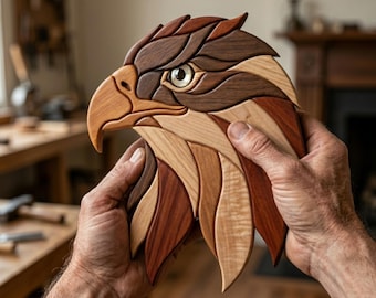 Adlerkopf Intarsien Muster PDF, Weißkopfseeadler Dekupiersäge Vorlage, Wildtier Holzbearbeitungsdesign, A4 Größe Tier DIY Wandkunst PNG
