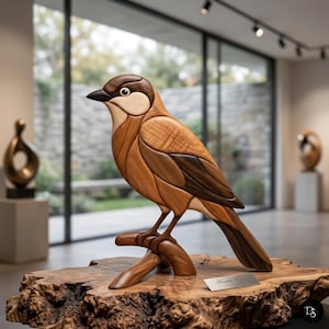 May include: A handcrafted wooden bird sculpture with a detailed mosaic design. The bird is perched on a branch, mounted on a natural wood base. The sculpture features various shades of brown and tan wood, creating a realistic and artistic representation.