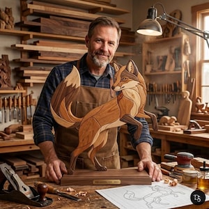 May include: A wooden fox sculpture in shades of brown, tan, and cream, standing on a dark wooden base. The fox is in a leaping pose, with intricate wood grain patterns. The base has the text "THE LEAPING FOX - 2024".