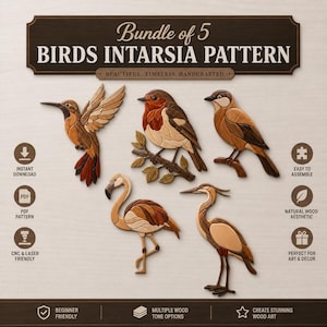 5 fågelintarsiamönsterpaket i PDF-format, eleganta flamingos och kolibri-rullsågsmallar, träbearbetningsdesigner med häger, gör-det-själv-väggkonst med vilda djur