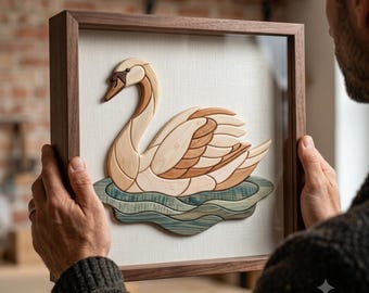 Schwan Intarsia Muster PDF, Anmutiger Schwimmen Schwan Dekupiersäge Vorlage, Sumpfgebiet Wildtier Holzbearbeitungsdesign, A4 Größe Vogel DIY Wandkunst PNG