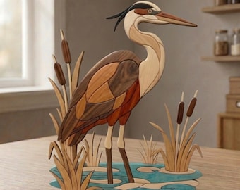 Reiher Intarsia Muster PDF, Dekupiersäge Vorlage, Sumpfgebiet Wildtier Holzarbeit Design, A4 Vogel DIY Wandkunst PNG