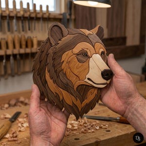 May include: A wooden bear head sculpture, crafted from various wood tones. The bear's face is detailed with light and dark brown wood pieces, showcasing the eyes, nose, and fur texture. The sculpture is held by hands, with woodworking tools visible in the background.