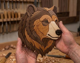 Bärenkopf Intarsien Muster PDF, Grizzlybär Gesicht Dekupiersäge Vorlage, Wildtier Holzbearbeitungsdesign, A4 Größe Tier DIY Wandkunst PNG