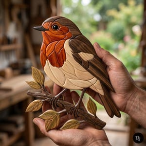 Op de afbeelding: Een houten sculptuur van een roodborstje, met een rood-oranje borst, lichtbruine buik en bruine vleugels, zittend op een tak. De sculptuur wordt in handen gehouden, waarbij de gedetailleerde houtnerf en het vakmanschap worden benadrukt.