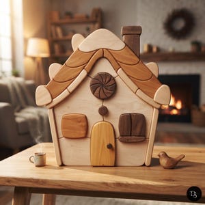 May include: A wooden toy house featuring a light-colored facade, a dark brown chimney, a central circular swirl detail, a small arched door, and two windows. The roof is constructed from curved, light and medium-toned wooden segments.