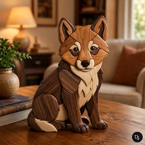 May include: A handcrafted wooden sculpture of a sitting fox, constructed from various wood tones including light tan, medium brown, and dark espresso. The fox features detailed layered segments, pointed ears, and a smooth, polished finish.