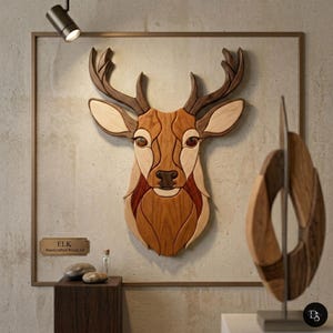 May include: A handcrafted wooden elk head wall art piece. The elk is constructed from various wood tones, including light beige, medium brown, and dark brown. The artwork is framed and mounted on a textured wall.