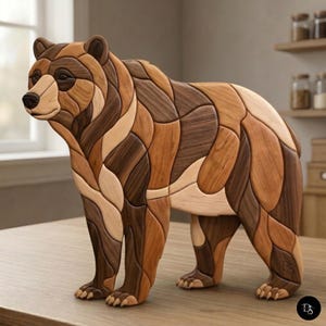 May include: A decorative bear figurine constructed from interlocking pieces of wood in varying shades of brown, tan, and cream. The sculpture features a smooth, polished finish with visible wood grain patterns throughout its segmented body.