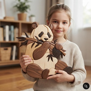 Peut inclure: Une décoration murale en bois en forme de panda tenant une tige de bambou. Le panda est composé de segments de bois clair et foncé, avec des oreilles, des taches oculaires, des membres et des feuilles de bambou brun foncé sur un corps clair.