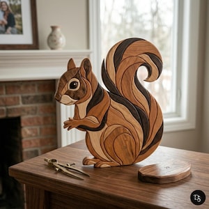 May include: A wooden squirrel sculpture with a detailed mosaic design. The sculpture features various shades of brown and black wood, with a curved tail and a small wooden base. The squirrel is posed upright, with its paws together.