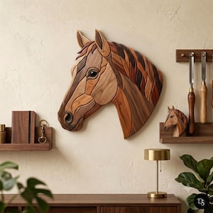 May include: A large wooden horse head wall art piece crafted from various shades of brown wood, featuring intricate grain patterns. The design is composed of layered wood segments, showcasing a detailed equine profile with a flowing mane.