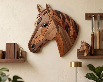 Patrón de marquetería de cabeza de caballo en PDF, plantilla de sierra de calar para retrato de semental, diseño de carpintería ecuestre majestuoso, arte mural equino DIY tamaño A4