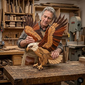May include: A handcrafted wooden eagle sculpture with outstretched wings, featuring intricate details and a variety of wood tones. The eagle's head is light-colored, contrasting with the darker brown and tan hues of the wings and body. The sculpture is displayed on a wooden workbench.