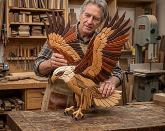Fliegender Adler Intarsien Muster PDF, Hochfliegender Weißkopfseeadler Dekupiersäge Vorlage, Majestätische Flügel Wildtier Holzarbeit Design, Vogel DIY Wand Kunst PNG